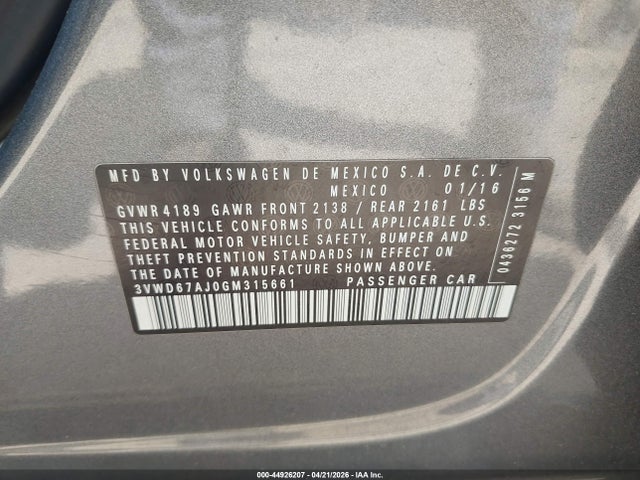 Auction sale of the 2016 Volkswagen Jetta 1.4t Se, vin: 3VWD67AJ0GM315661, lot number: 44926207