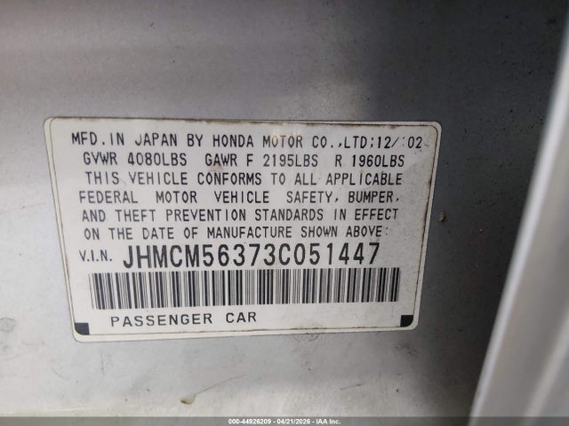 44926209 :رقم المزاد ، JHMCM56373C051447 vin ، 2003 Honda Accord 2.4 Lx مزاد بيع