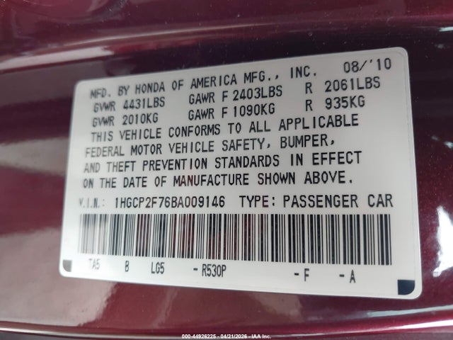 Продажа на аукционе авто 2011 Honda Accord 2.4 Ex, vin: 1HGCP2F76BA009146, номер лота: 44926225