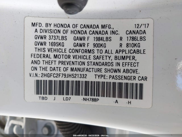Honda CIVIC EX 2018 2HGFC2F79JH521332 Image 9