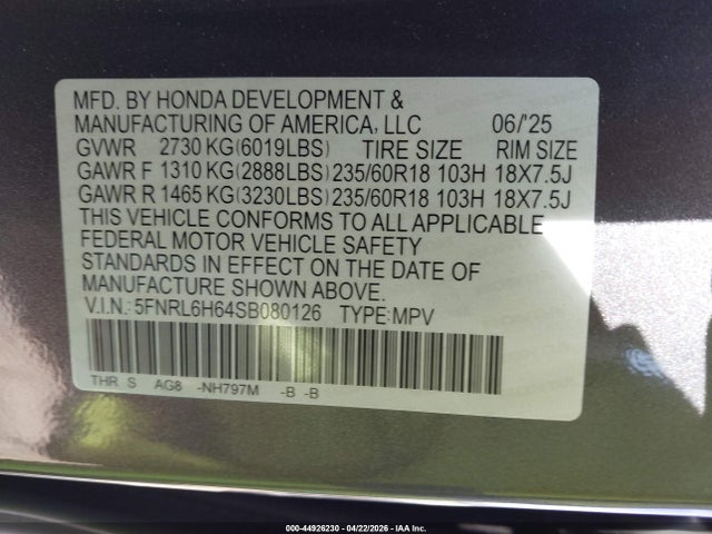 Honda Odyssey Ex-l 2025 5FNRL6H64SB080126 Image 9