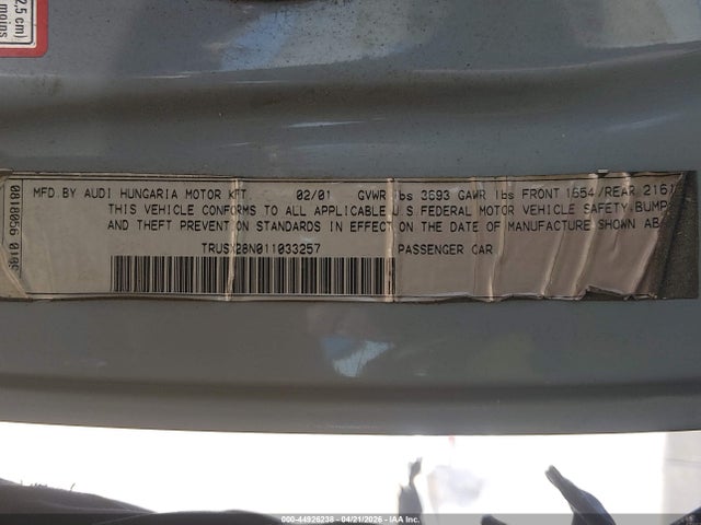 2001 Audi Tt მანქანა იყიდება აუქციონზე, vin: TRUSX28N011033257, აუქციონის ნომერი: 44926238