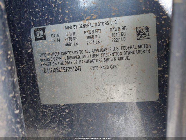 2014 Chevrolet Malibu 1lz მანქანა იყიდება აუქციონზე, vin: 1G11H5SL6EF251247, აუქციონის ნომერი: 44926240