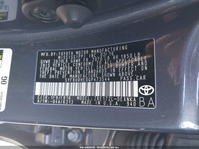 Продажа на аукционе авто 2016 Toyota Corolla Le, vin: 5YFBURHE0GP473544, номер лота: 44926239