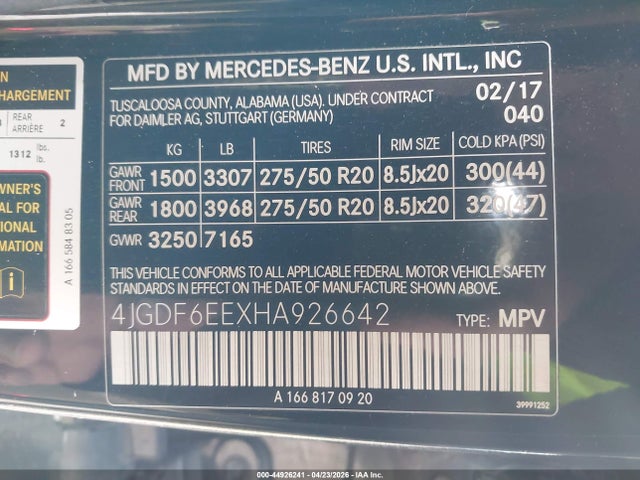 Aukcja sprzedaży 2017 Mercedes-benz Gls 450 4matic, vin: 4JGDF6EEXHA926642, numer aukcji: 44926241