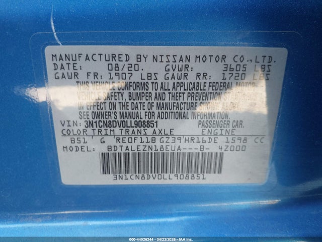 Aukcja sprzedaży 2020 Nissan Versa S Xtronic Cvt, vin: 3N1CN8DV0LL908851, numer aukcji: 44926244