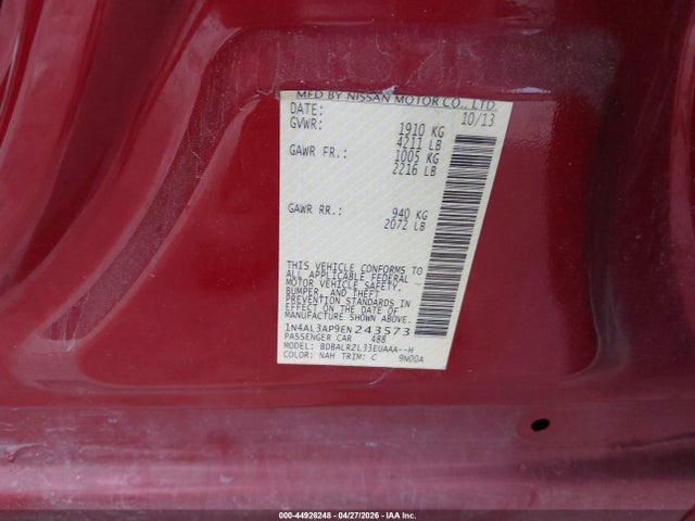 Продаж на аукціоні авто 2014 Nissan Altima 2.5 S, vin: 1N4AL3AP9EN243573, номер лоту: 44926248