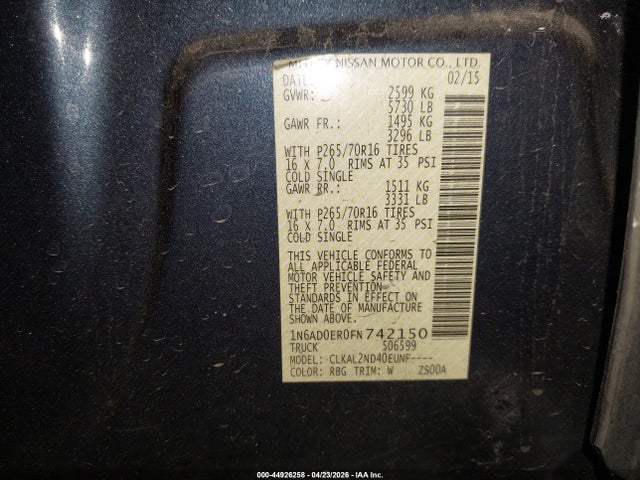 Продажа на аукционе авто 2015 Nissan Frontier Sv, vin: 1N6AD0ER0FN742150, номер лота: 44926258