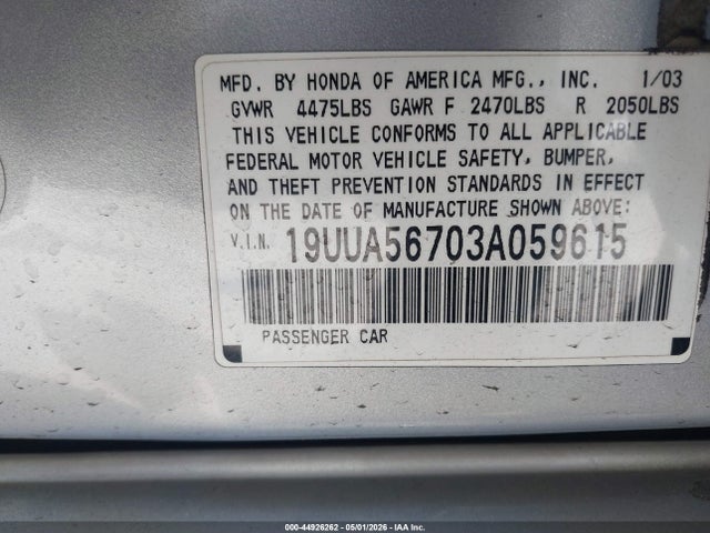 2003 Acura Tl 3.2 მანქანა იყიდება აუქციონზე, vin: 19UUA56703A059615, აუქციონის ნომერი: 44926262