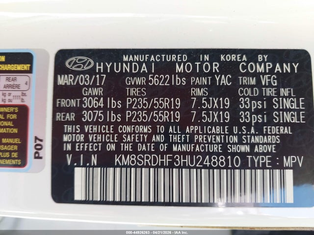 KM8SRDHF3HU248810 Hyundai Santa Fe Limited Ultimate