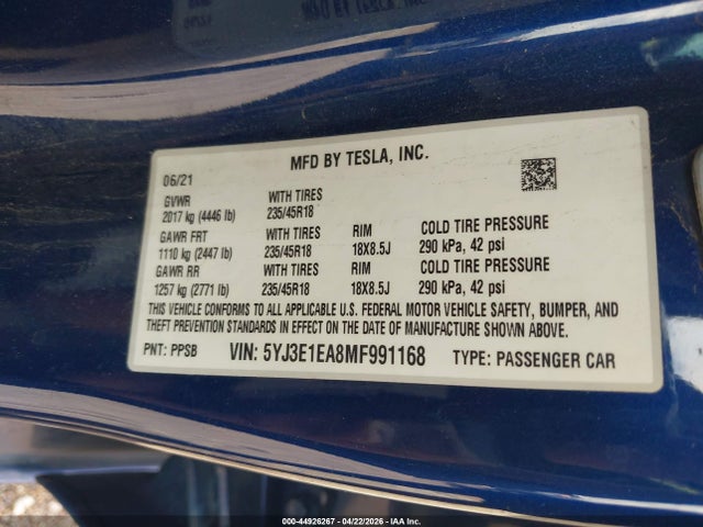 Aukcja sprzedaży 2021 Tesla Model 3 Standard Range Plus Rear-wheel Drive, vin: 5YJ3E1EA8MF991168, numer aukcji: 44926267