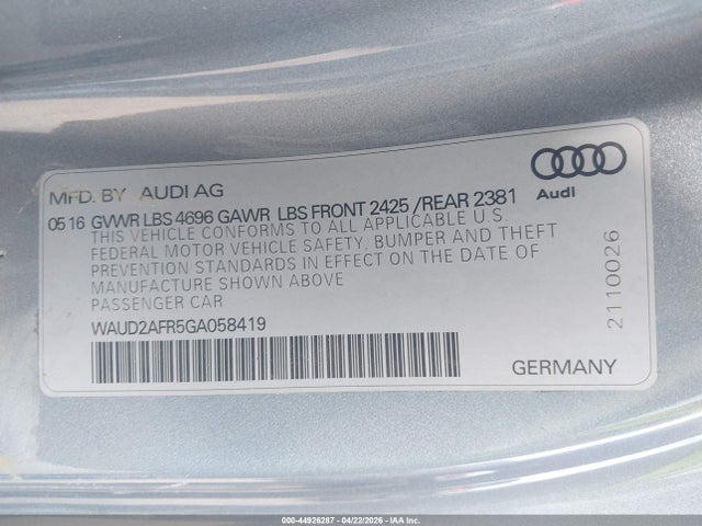 Aukcja sprzedaży 2016 Audi A5 2.0t Premium, vin: WAUD2AFR5GA058419, numer aukcji: 44926287