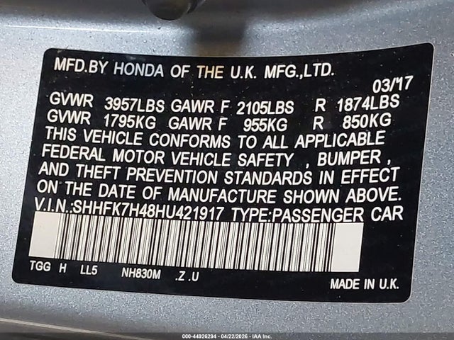 SHHFK7H48HU421917 Honda Civic Sport