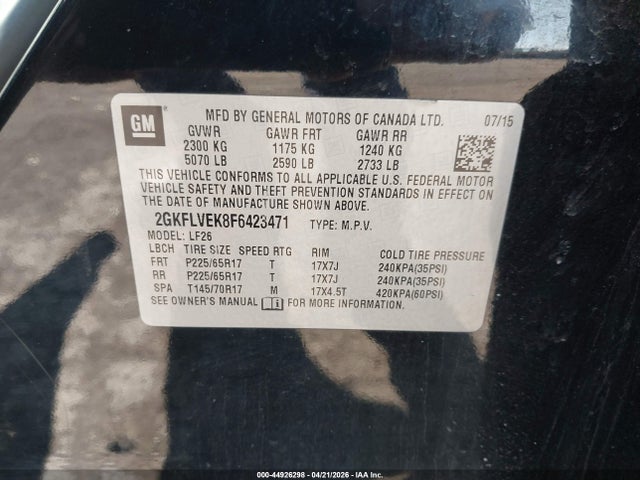 44926298 :رقم المزاد ، 2GKFLVEK8F6423471 vin ، 2015 Gmc Terrain Sle-1 مزاد بيع