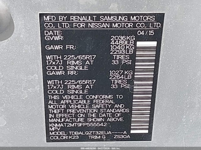 Nissan ROGUE SV 2015 KNMAT2MT9FP555542 Image 9