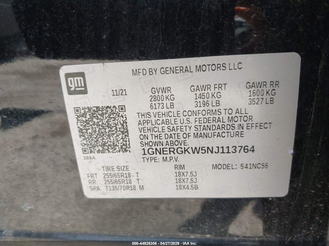 Продаж на аукціоні авто 2022 Chevrolet Traverse Fwd Lt Cloth, vin: 1GNERGKW5NJ113764, номер лоту: 44926306
