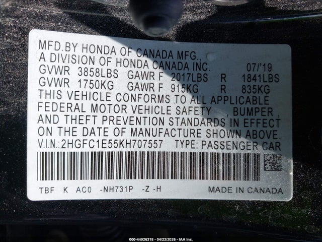 Продаж на аукціоні авто 2019 Honda Civic Si, vin: 2HGFC1E55KH707557, номер лоту: 44926318