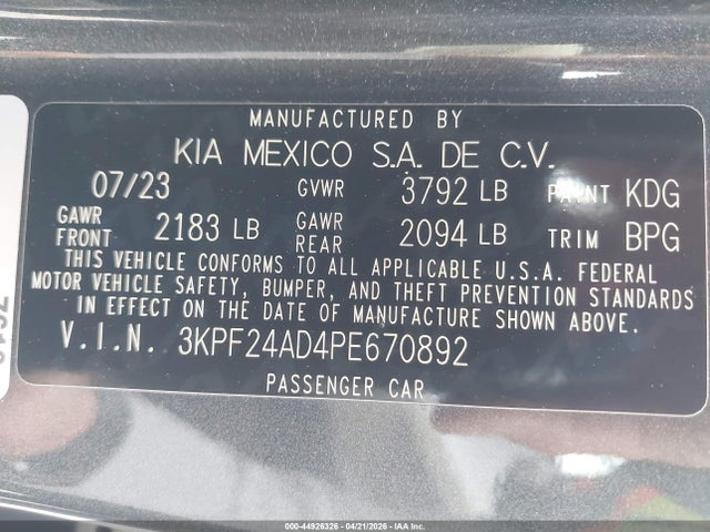 44926326 :رقم المزاد ، 3KPF24AD4PE670892 vin ، 2023 Kia Forte Lxs مزاد بيع