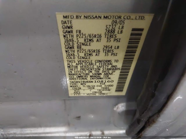 2006 Nissan Quest 3.5 S მანქანა იყიდება აუქციონზე, vin: 5N1BV28U66N108160, აუქციონის ნომერი: 44926330