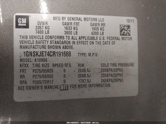 Продажа на аукционе авто 2012 Chevrolet Suburban 1500 Lt, vin: 1GNSKJE74CR191668, номер лота: 44926331