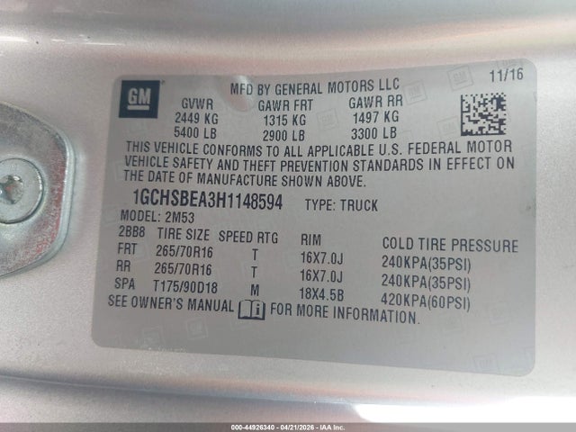 1GCHSBEA3H1148594 Chevrolet Colorado Wt