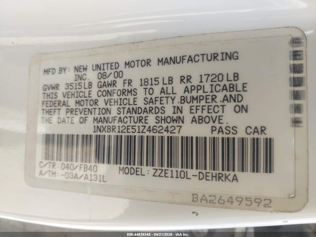 Aukcja sprzedaży 2001 Toyota Corolla Ce, vin: 1NXBR12E51Z462427, numer aukcji: 44926345