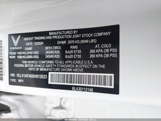 Aukcja sprzedaży 2025 Vinfast Vf 8 Plus, vin: RLLV1AFA0SH012023, numer aukcji: 44926360
