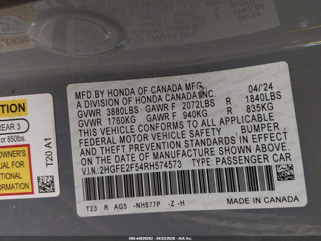 2024 Honda Civic Sport მანქანა იყიდება აუქციონზე, vin: 2HGFE2F54RH574573, აუქციონის ნომერი: 44926362