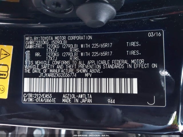 Продажа на аукционе авто 2016 Lexus Nx 200t, vin: JTJYARBZXG2036774, номер лота: 44926369