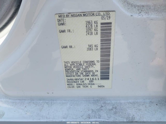 Продаж на аукціоні авто 2019 Nissan Altima 2.5 S, vin: 1N4BL4BV5KC241611, номер лоту: 44926373