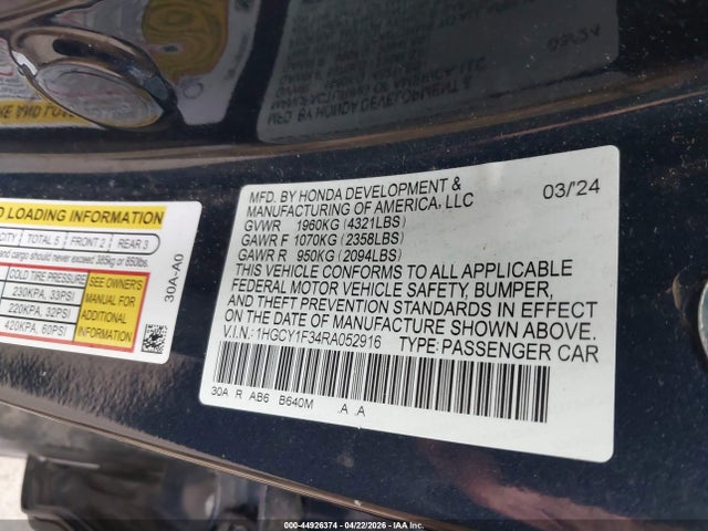 2024 Honda Accord Ex მანქანა იყიდება აუქციონზე, vin: 1HGCY1F34RA052916, აუქციონის ნომერი: 44926374