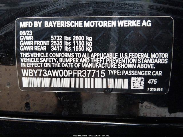 2023 Bmw I4 Edrive40 მანქანა იყიდება აუქციონზე, vin: WBY73AW00PFR37715, აუქციონის ნომერი: 44926378