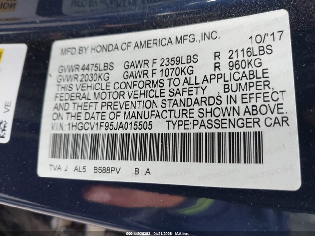 1HGCV1F95JA015505 Honda Accord Touring