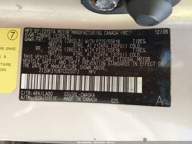 44926393 :رقم المزاد ، 2T2GK31U87C025073 vin ، 2007 Lexus Rx 350 مزاد بيع