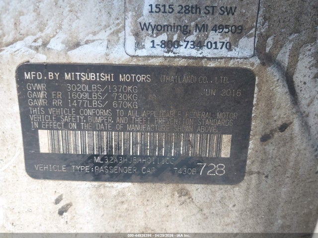 2017 Mitsubishi Mirage Es მანქანა იყიდება აუქციონზე, vin: ML32A3HJ8HH011106, აუქციონის ნომერი: 44926398