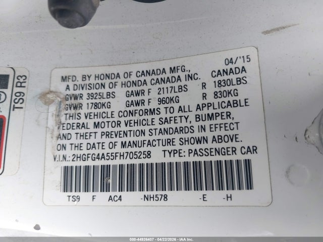 2015 Honda Civic Si მანქანა იყიდება აუქციონზე, vin: 2HGFG4A55FH705258, აუქციონის ნომერი: 44926407
