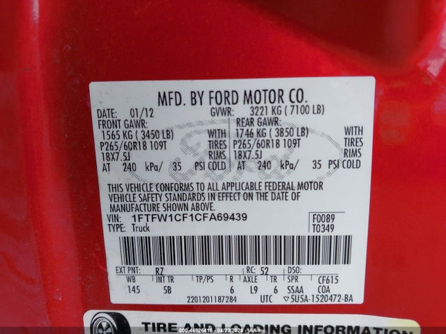 2012 Ford F-150 Fx2 მანქანა იყიდება აუქციონზე, vin: 1FTFW1CF1CFA69439, აუქციონის ნომერი: 44926416