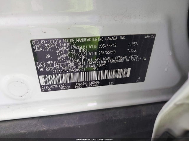 2022 Toyota Rav4 Xle Premium მანქანა იყიდება აუქციონზე, vin: 2T3A1RFV2NW285134, აუქციონის ნომერი: 44926417
