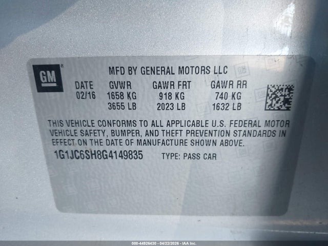 44926430 :رقم المزاد ، 1G1JC6SH8G4149835 vin ، 2016 Chevrolet Sonic Lt Auto مزاد بيع