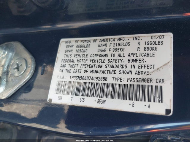 44926453 :رقم المزاد ، 1HGCM56487A092988 vin ، 2007 Honda Accord 2.4 Lx مزاد بيع