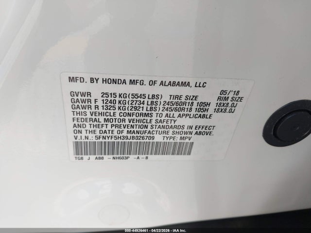 Aukcja sprzedaży 2018 Honda Pilot Ex, vin: 5FNYF5H39JB026709, numer aukcji: 44926461
