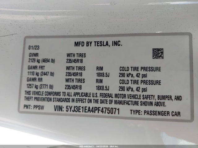 Продажа на аукционе авто 2023 Tesla Model 3 Rear-wheel Drive, vin: 5YJ3E1EA4PF475071, номер лота: 44926471