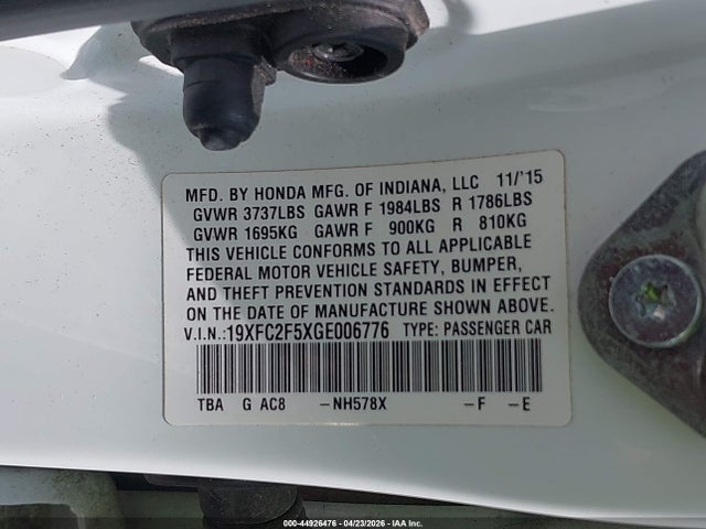 2016 Honda Civic Lx მანქანა იყიდება აუქციონზე, vin: 19XFC2F5XGE006776, აუქციონის ნომერი: 44926476