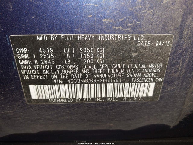 44926484 :رقم المزاد ، 4S3BNAC66F3063661 vin ، 2015 Subaru Legacy 2.5i Premium مزاد بيع