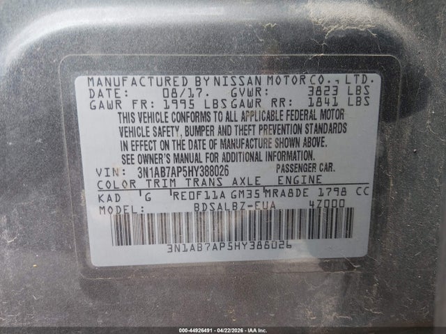 2017 Nissan Sentra S მანქანა იყიდება აუქციონზე, vin: 3N1AB7AP5HY388026, აუქციონის ნომერი: 44926491