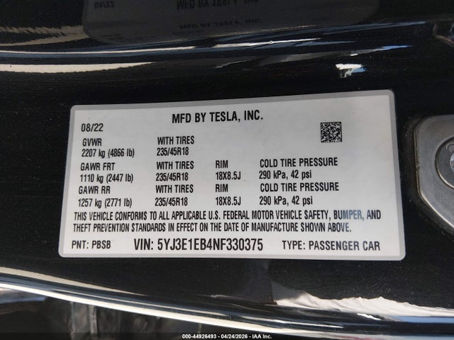 Aukcja sprzedaży 2022 Tesla Model 3 Long Range Dual Motor All-wheel Drive, vin: 5YJ3E1EB4NF330375, numer aukcji: 44926493