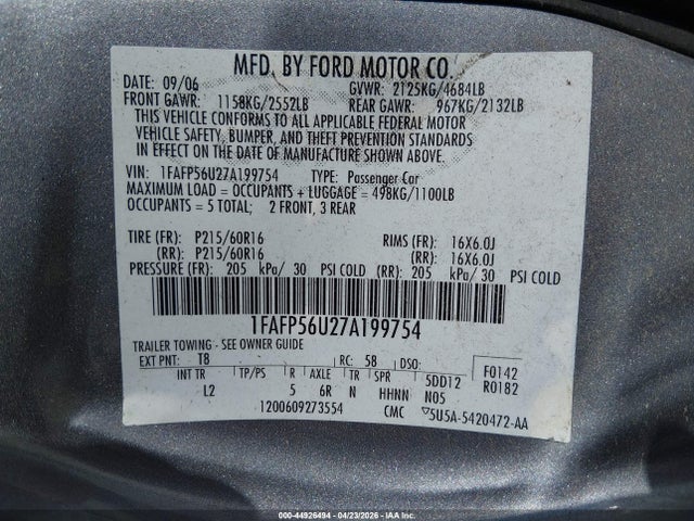 Aukcja sprzedaży 2007 Ford Taurus Sel, vin: 1FAFP56U27A199754, numer aukcji: 44926494
