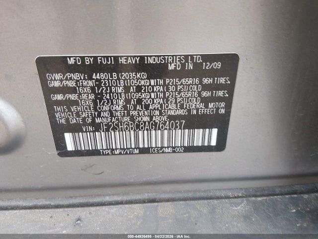 2010 Subaru Forester 2.5x მანქანა იყიდება აუქციონზე, vin: JF2SH6BC8AG764037, აუქციონის ნომერი: 44926495