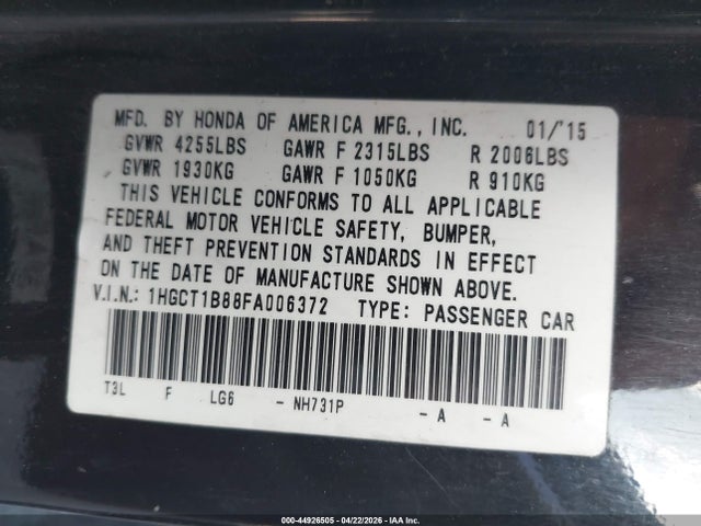 Honda Accord Ex-l 2015 1HGCT1B88FA006372 Image 9