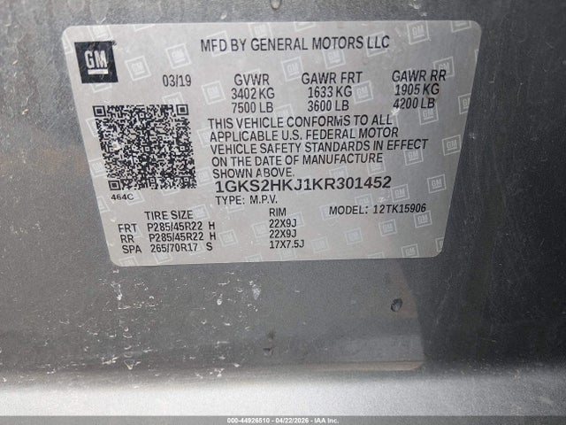 Aukcja sprzedaży 2019 Gmc Yukon Xl Denali, vin: 1GKS2HKJ1KR301452, numer aukcji: 44926510